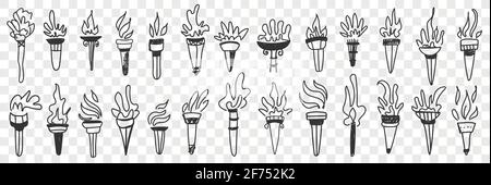 Torch with flame fire doodle set. Collection of hand drawn various torch with burning flame in row isolated on transparent background vector illustration  Stock Vector