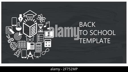 Back to school flat vector background. White icons on black chalkboard. Stock Vector