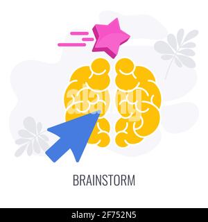 Brainstorm icons. cursor arrow points to a yellow brain icon. Stock Vector