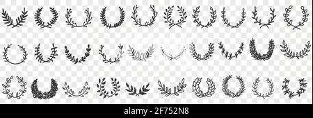 Natural leaves ornament and wreath doodle set. Collection of hand drawn elegant natural semicircle patterns wreaths ornaments for awards or interior decorations isolated on transparent background Stock Vector