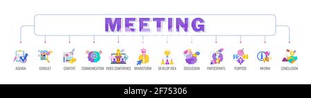 Meeting banner with color icons. Teamwork, working, meeting and management. Stock Vector