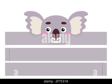 Printable koala paper headband. Party crown die cut template for birthday, christmas, baby shower. Fun accessory for entertainment. Print, cut and glu Stock Vector