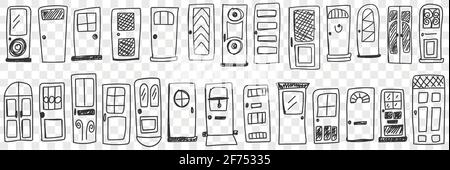 Doors of various styles doodle set. Collection of hand drawn various doors for interiors or building facades different styles and patterns isolated on transparent background Stock Vector