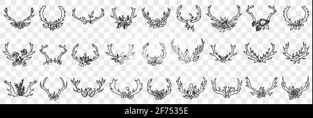 Deers horns as decorations doodle set. Collection of hand drawn various horns of wild deers animals for hanging in interiors as decorations isolated on transparent background Stock Vector