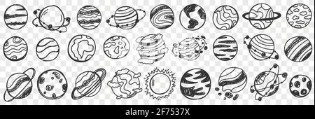 Planets in universe doodle set. Collection of hand drawn various planets in galaxy stars universe cosmos objects with patterns and landscapes isolated on transparent background Stock Vector