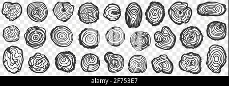 Fellings of tree pattern doodle set. Collection of hand drawn various feelings of trees silhouettes natural pattern isolated on transparent background  Stock Vector