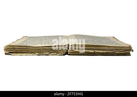 Old opened damaged book isolated on white background Stock Photo