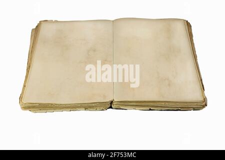 Old damaged book with empty pages for copy space and add text isolated on white background Stock Photo