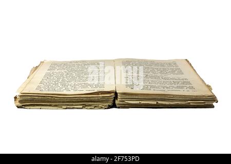 Old opened damaged book isolated on white background Stock Photo