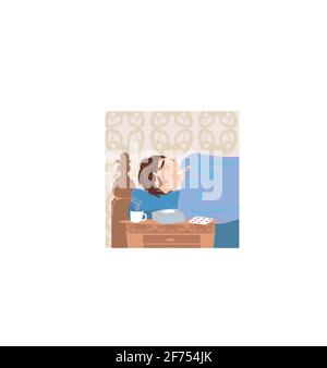 Illustration of a Sick boy lying in bed Stock Vector