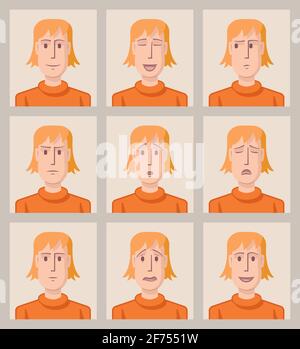 Nine drawings of a young man with different facial expressions. Stock Vector