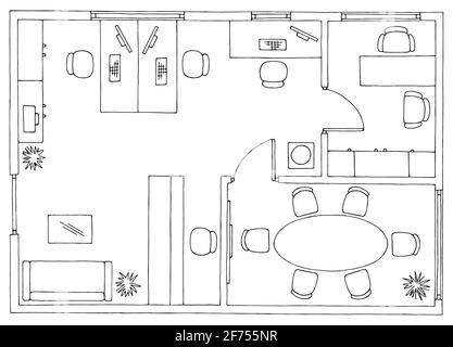 Office plan architecture floor interior furniture graphic black white sketch illustration vector Stock Vector