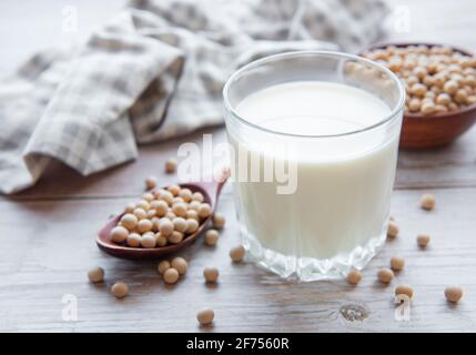 Soy milk and soy on the table - healthy plant product Stock Photo