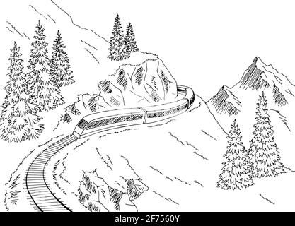 Mountain train railway graphic black white sketch illustration vector Stock Vector