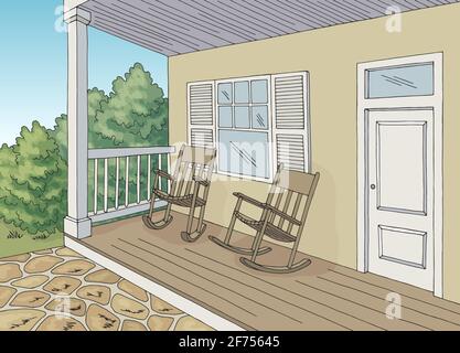 Porch graphic house building color sketch illustration vector Stock Vector