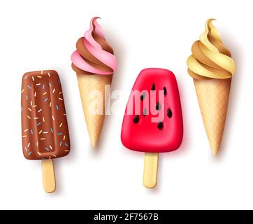 Summer ice cream and popsicle vector set. Tropical refreshment food collection with delicious flavor isolated in white background for hot season Stock Vector