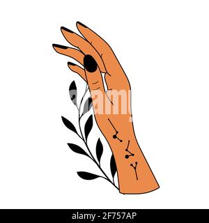 Hand drawn hand with Magic Symbols, Magic astrological symbols vector illustrations. Can use Tattoo design, mystic esoteric symbol. Stock Vector