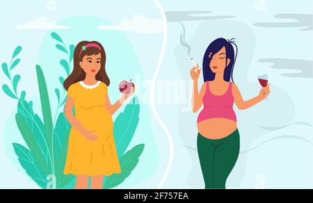 Healthy lifestyle of pregnant woman and unhealthy lifestyle concept. Stock Vector
