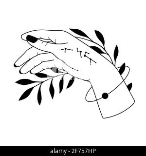 Hand drawn hand with Magic Symbols, Magic astrological symbols vector illustrations. Can use Tattoo design, mystic esoteric symbol. Stock Vector