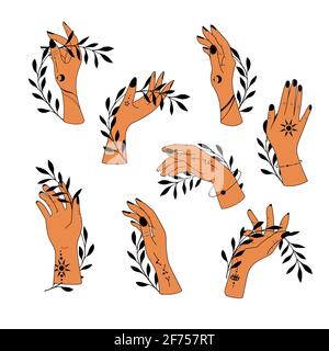 Collection hand drawn hands. Magic astrological symbols vector illustrations. Can use Tattoo design, mystic esoteric symbol Stock Vector