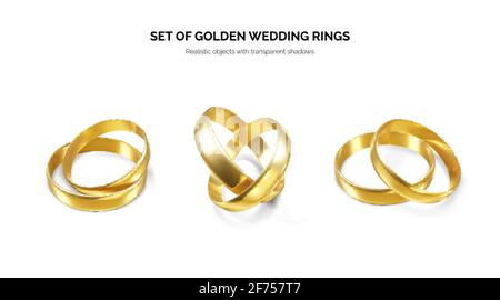 Set of golden wedding rings. Couple shiny realistic gold rings. Vector illustration Stock Vector
