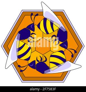Decorative composition of three bees inscribed in a honeycomb hexagon. Stock Vector
