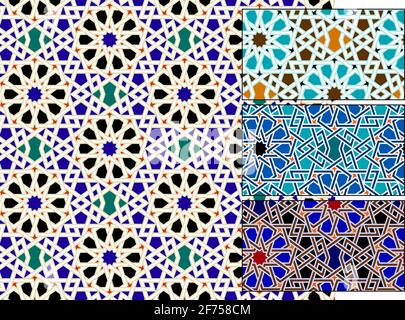 Traditional Arabic geometric ornament. One pattern - four seamless patterns in different colors. Stock Vector