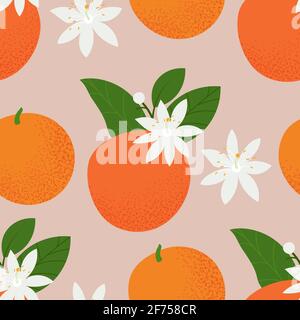 Seamless pattern with oranges, leaves and flowers. Summer tropical background. Vector illustration, floral design Stock Vector