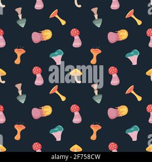 Fantasy alien mushroom seamless pattern on dark green background. Stock Vector