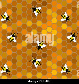 Bees on combs with honey. Seamless pattern. Stock Vector