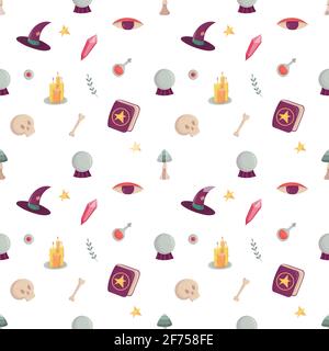 Witch seamless pattern with esoteric tools for fabric Stock Vector