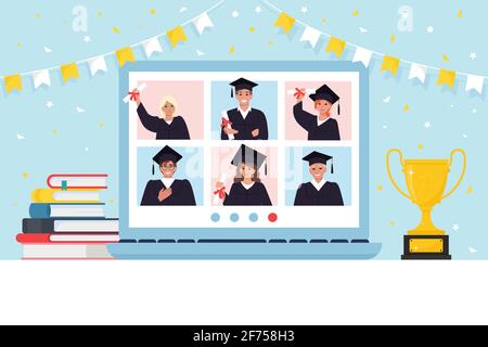 Video conference with graduate students group in graduation gown, meeting online. Friends talking on video. Laptop screen, Book, Champion cup Stock Vector