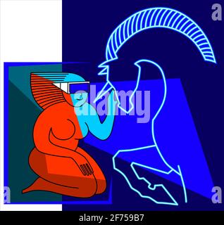 A sitting girl in virtual reality glasses strokes the face of a unicorn in a virtual space. Contrast of blue and red. Suprimatic square composition. Stock Vector