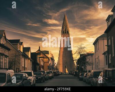 People near amazing Lutheran church in Iceland Stock Photo