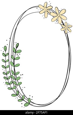 Simple hand drawn oval frame. Hand-drawn frame with flowers and leaves. Template for text. Festive postcard, background. Vector. Stock Vector