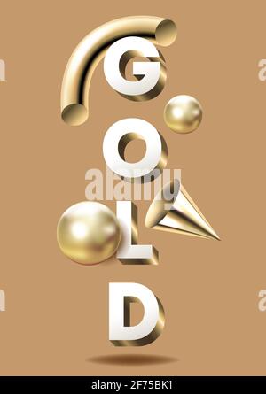 3d render of realistic composition of geometric primitives and lettering. Flying shapes in motion isolated on a solid background. Spheres, tubes Stock Vector