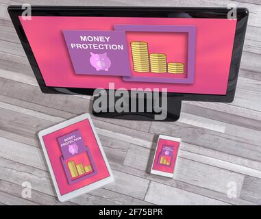 Money protection concept shown on different information technology devices Stock Photo