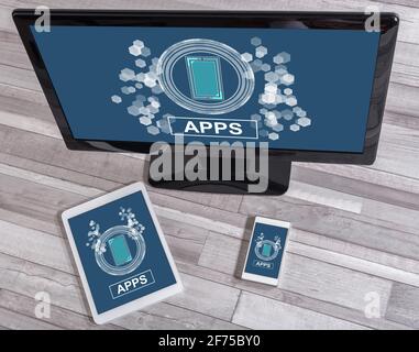 Apps concept shown on different information technology devices Stock Photo