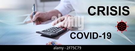 Concept of coronavirus economic crisis with businessman using calculator at office; panoramic banner Stock Photo