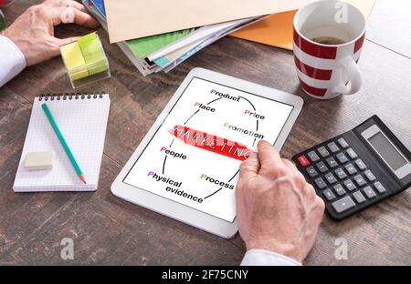 Man using a tablet showing a marketing concept Stock Photo