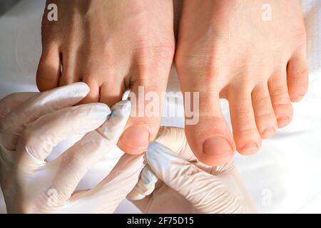 A Podiatrist doctor who takes care of a woman's toenails. Cosmetic procedures of the feet Stock Photo