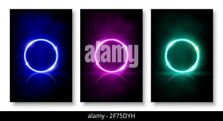 Glowing neon circles with sparkles in fog abstract background set. Round electric light frames. Geometric fashion design vector illustration. Empty mi Stock Vector