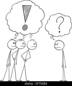 Three Men Looking Angrily or Angry at One Man. Vector Cartoon Stick Figure Illustration Stock Vector