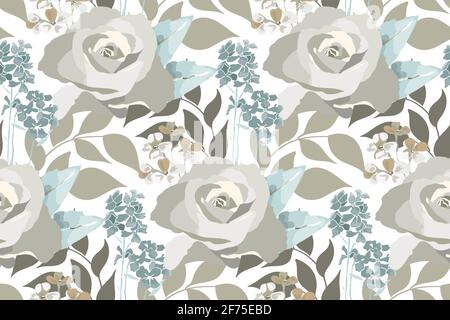 Art floral seamless pattern. Delicate pastel rose, leaves isolated on white background. Botany flower scape. For fabric, interior textile, wallpaper, Stock Photo