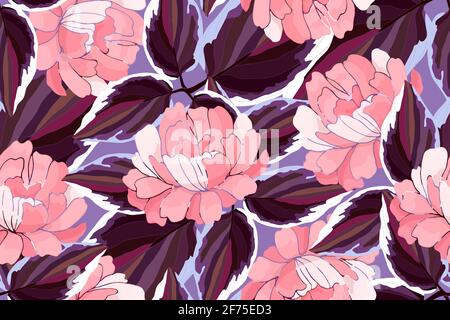 Art floral pattern. Pink peonies, colorful leaves isolated on purple background. Tile flowering pattern. Botany flower scape. For fabric, wallpaper. Stock Photo