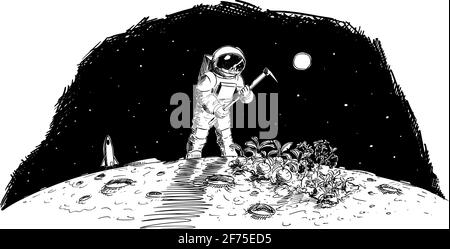 Astronaut Farming on Moon, Mars or Distant Planet, Food Production in Space, Vector Cartoon Stick Figure Illustration Stock Vector