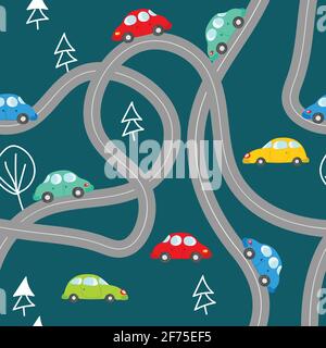 Seamless pattern with cute cars on blue background. Cartoot transport. Vector illustration. Doodle style. Design for baby print, invitation, poster Stock Vector