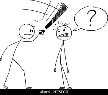 Man Asking Question, Another Man Beating Him by Exclamation Mark, Vector Cartoon Stick Figure Illustration Stock Vector