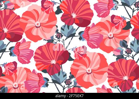 Art floral vector seamless patterns. Garden mallow red, pink, burgundy, orange flowers with navy blue branches and leaves isolated on white background Stock Photo