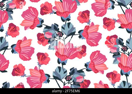 Art floral vector seamless patterns. Garden mallow red, pink, orange flowers with navy blue branches and leaves isolated on white background. For wall Stock Photo